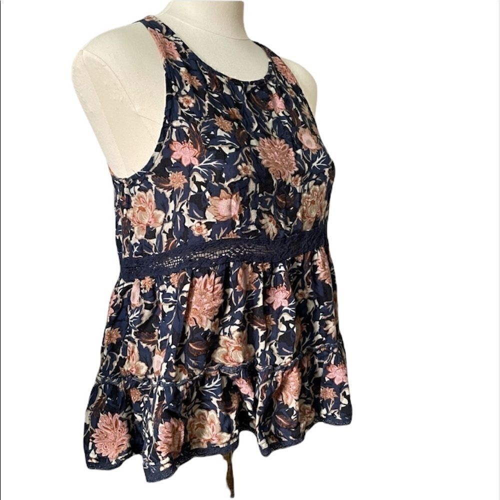 Vintage 90s AMERICAN EAGLE FLORAL LACE TANK top Blue Size Small